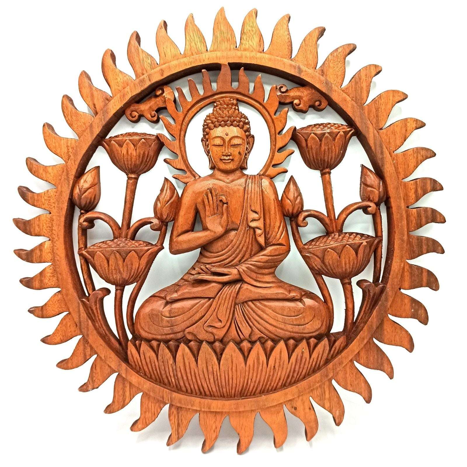 Panou Sculptat din Lemn - Buddha și Lotus 40cm