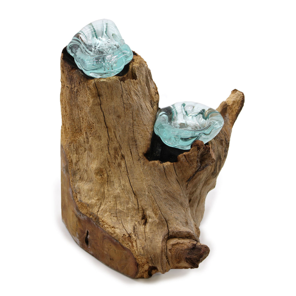 Suport Dublu pentru Lumânări din Sticlă Topită pe Lemn