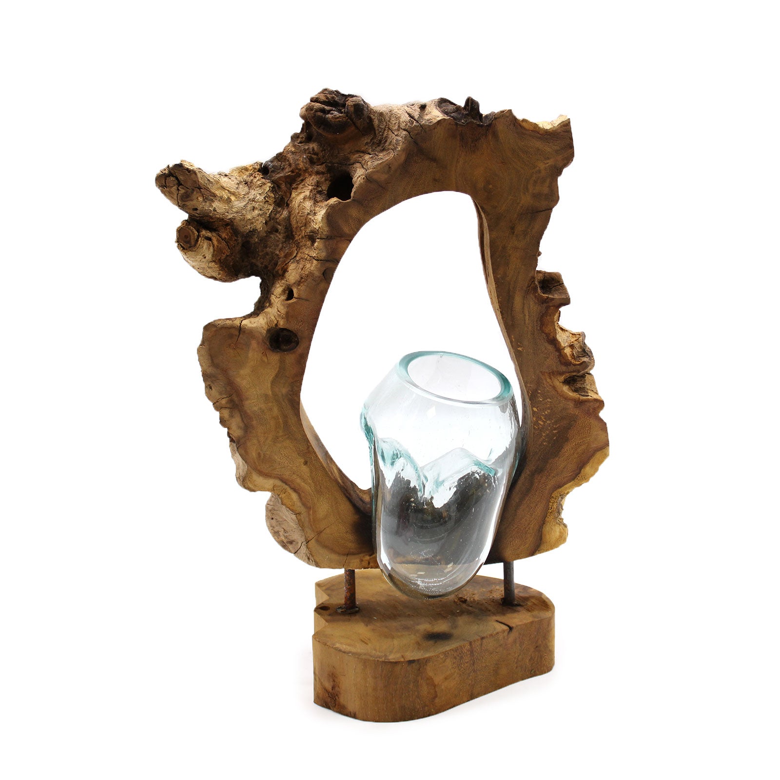 Vază Suspendată din Sticlă Topită pe Lemn