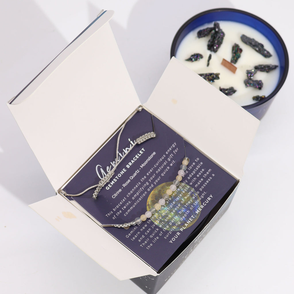 Lumânare cu Cristale și Brățară cu Pietre Prețioase pentru Zodia Gemeni