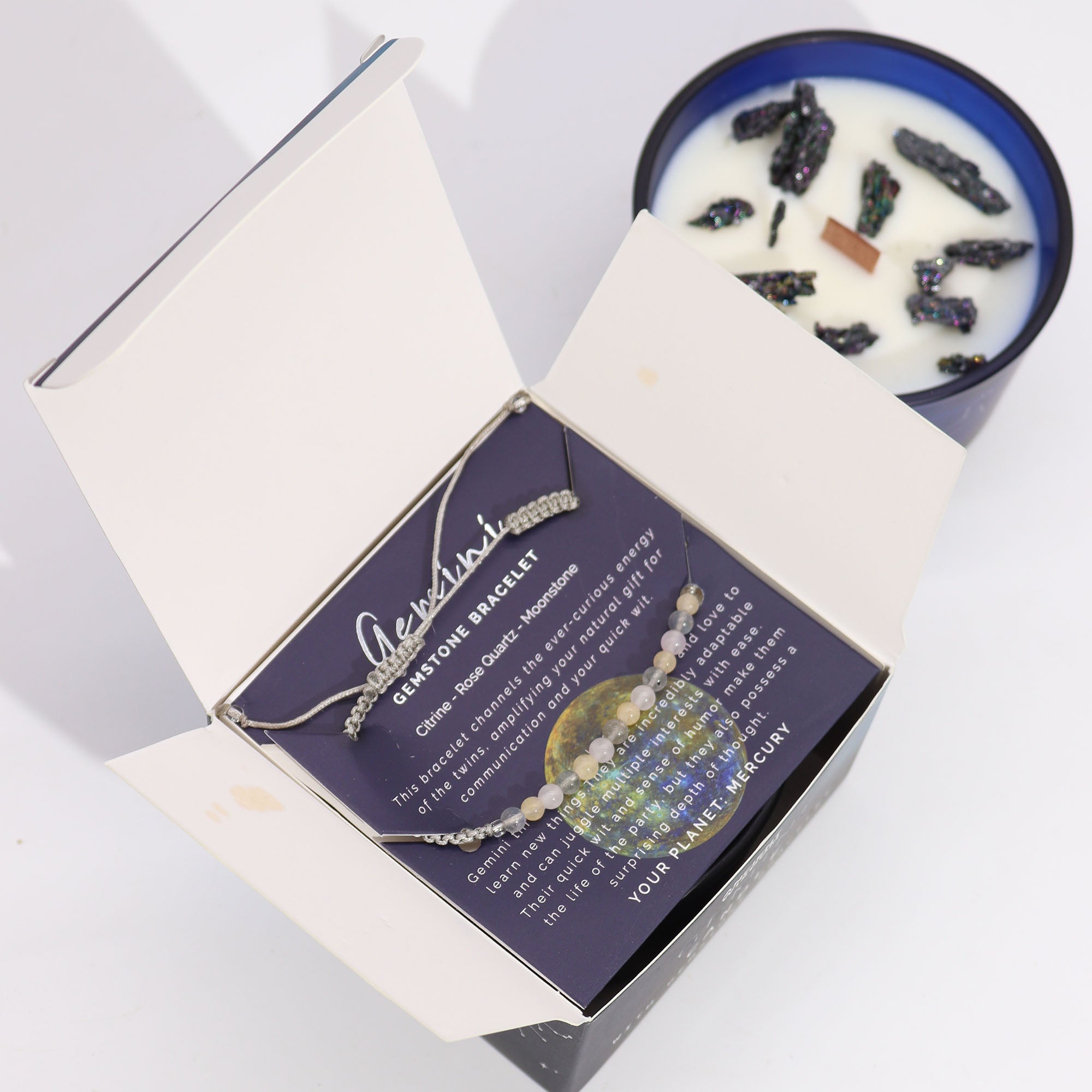 Lumânare cu Cristale și Brățară cu Pietre Prețioase pentru Zodia Gemeni