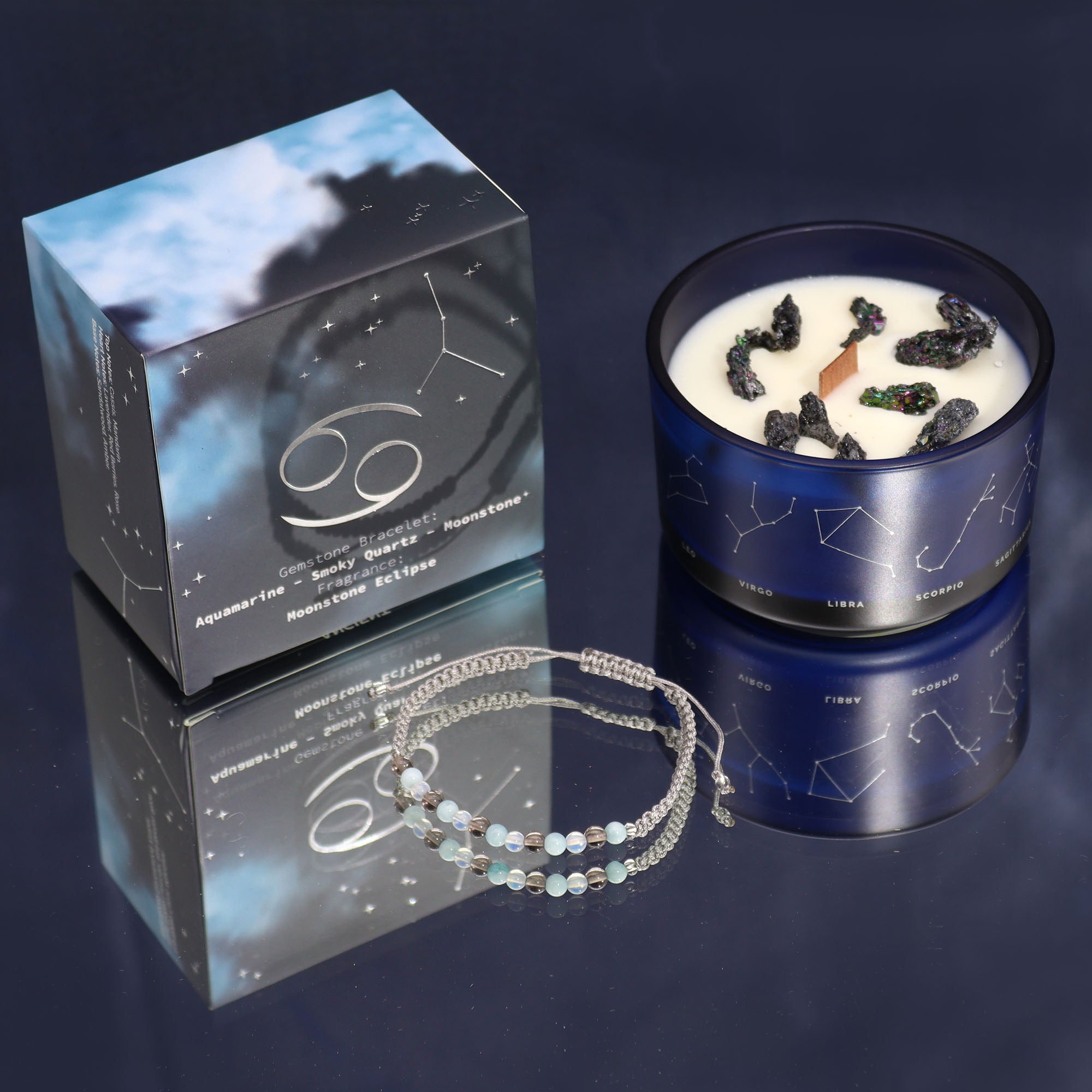 Lumânare cu Cristale și Brățară cu Pietre Prețioase pentru Zodia Rac