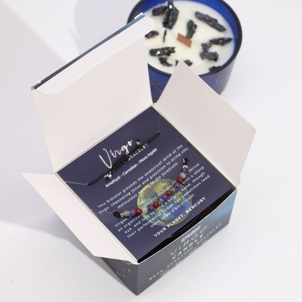 Lumânare cu Cristale și Brățară cu Pietre Prețioase pentru Zodia Fecioară