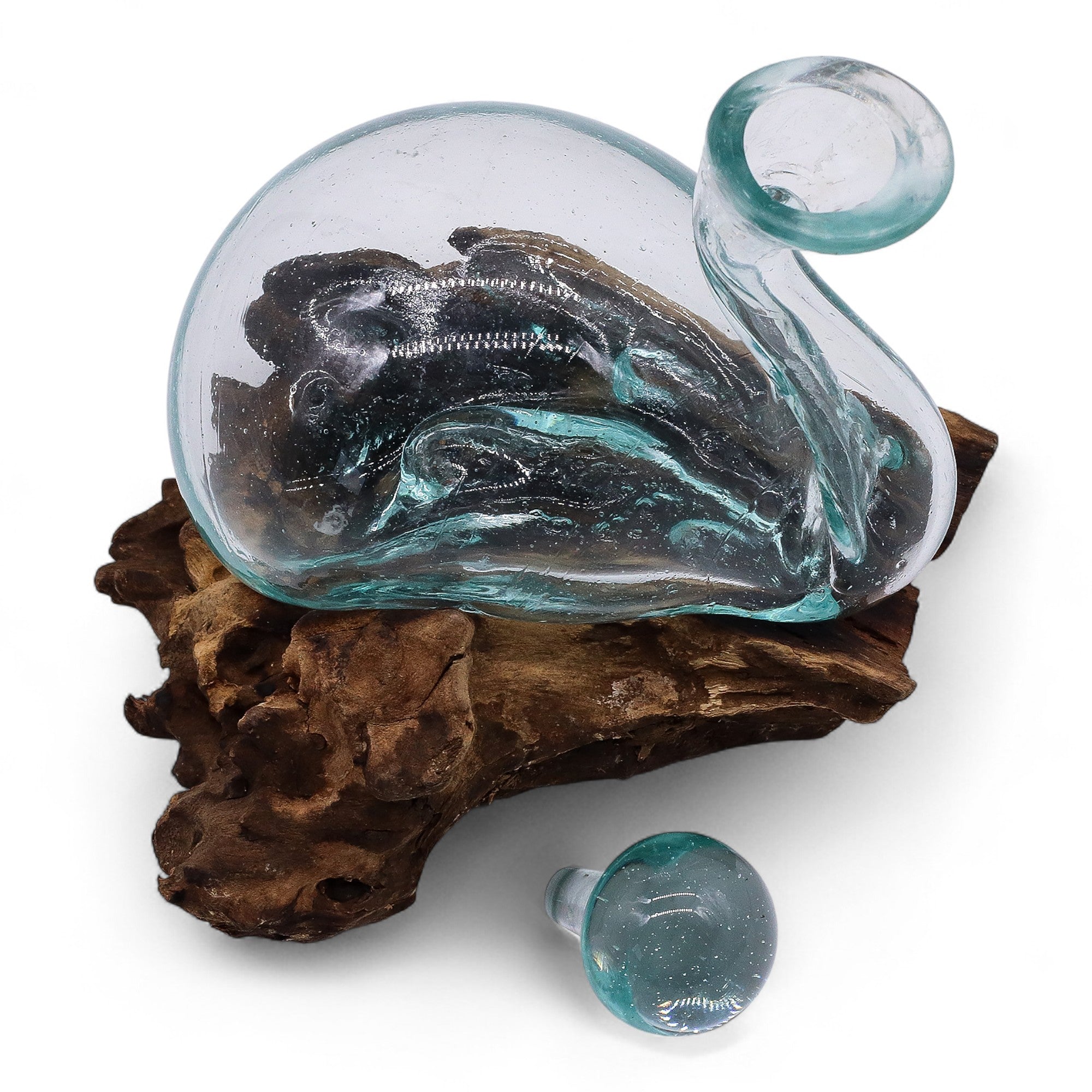 Carafă în Formă de RățuÇcă din Sticlă Topită pe Lemn, cu Dop