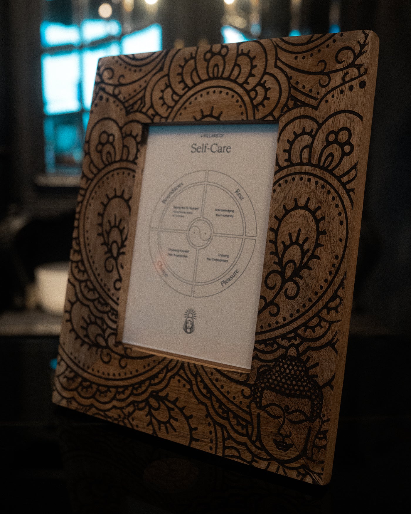 Ramă Foto din Lemn de Mango – „4 Pillars of Self Care” – 18 × 13 cm