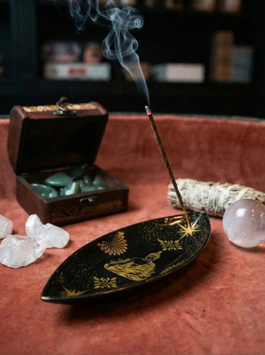 Bol Emailat pentru Bețișoare Parfumate – Aluminiu – Buddha Auriu & Negru