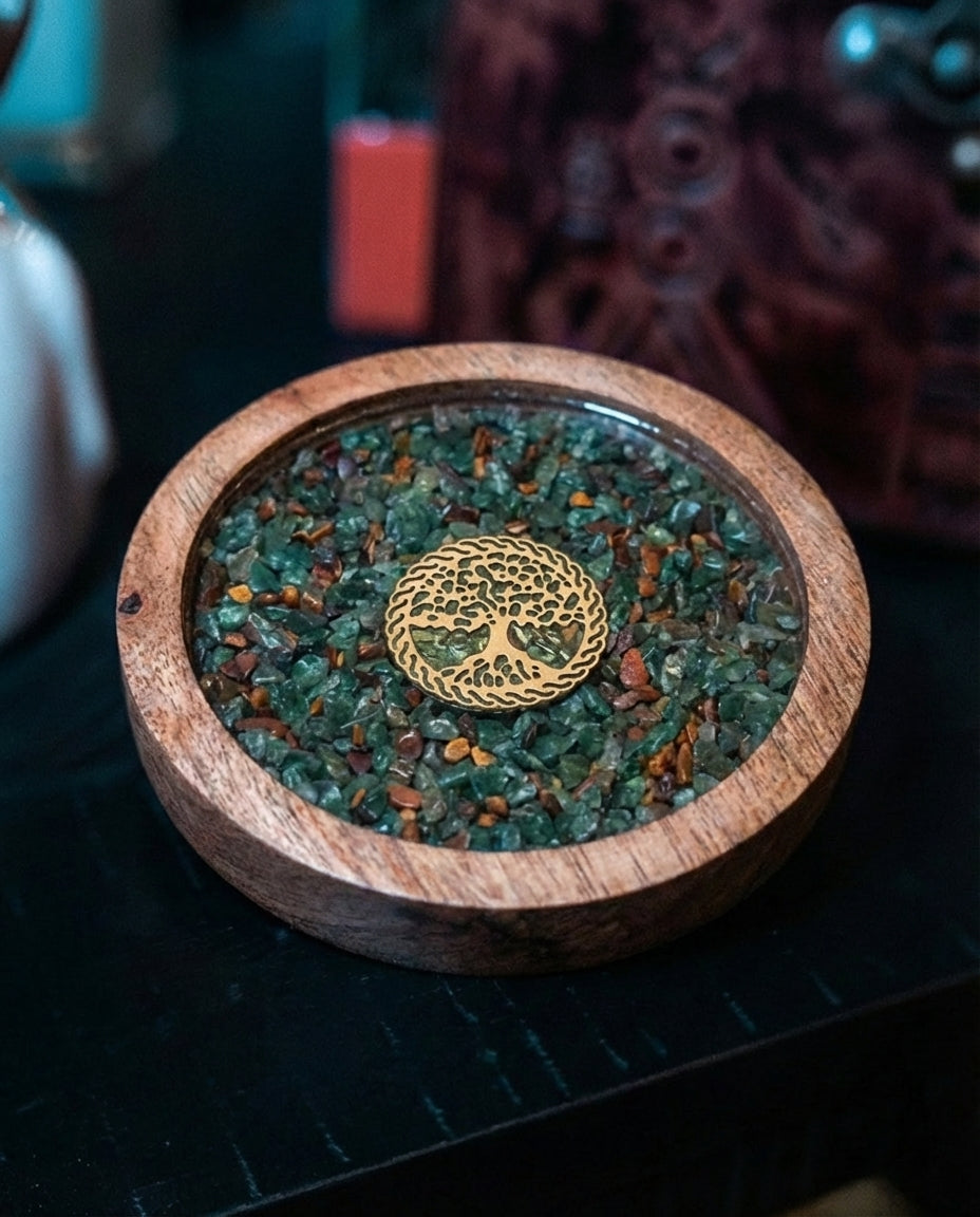 Suport Pahar din Lemn cu Pietre Semiprețioase – Arborele Vieții – Aventurin & Ochi de Tigru