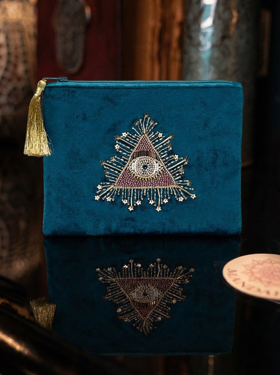 Pouch din Catifea Petrol cu Broderie Tarot Eye