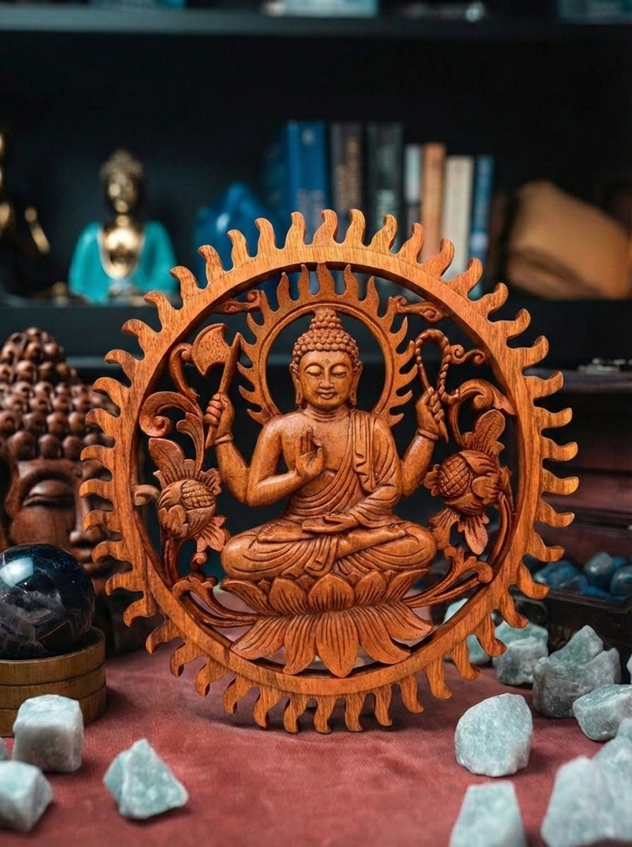 Panou Sculptat din Lemn – Buddha și Lotus