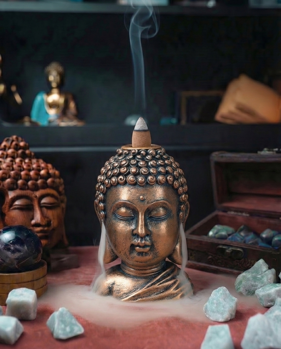 Arzător de tămâie backflow – Cap de Buddha, finisaj bronz