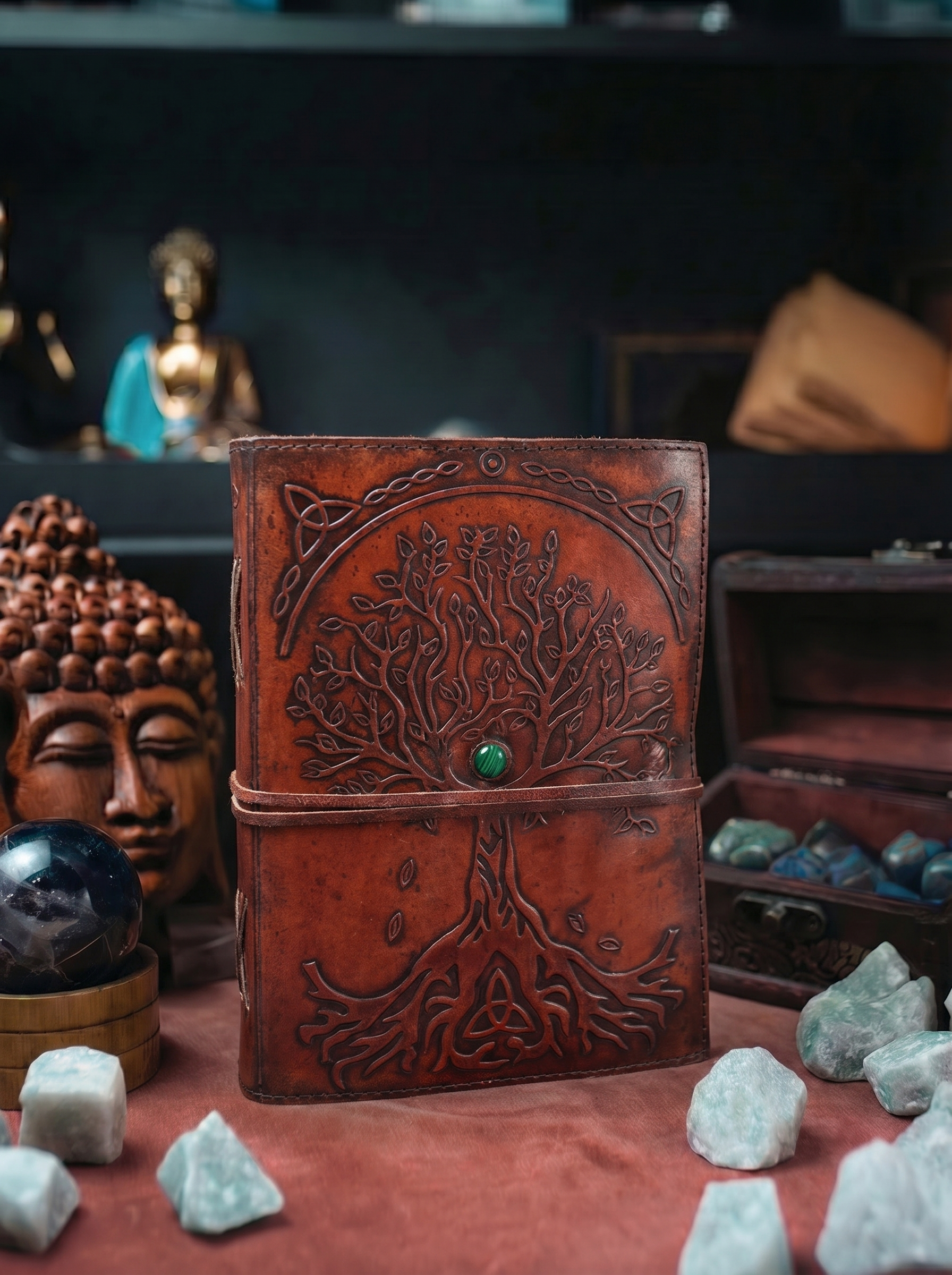 Agendă din Piele – Arborele Vieții – Închidere cu Șnur și Piatră Decorativă (160 pagini, 20 × 16 × 2 cm)