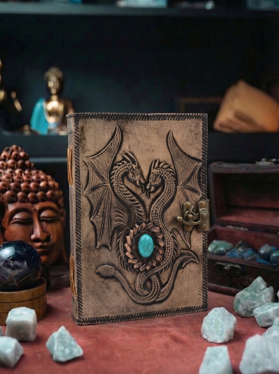 Doi Dragoni – Agendă Esoterică cu Copertă Sculptată – Maro Deschis – 200 Pagini – 17 × 12,3 cm